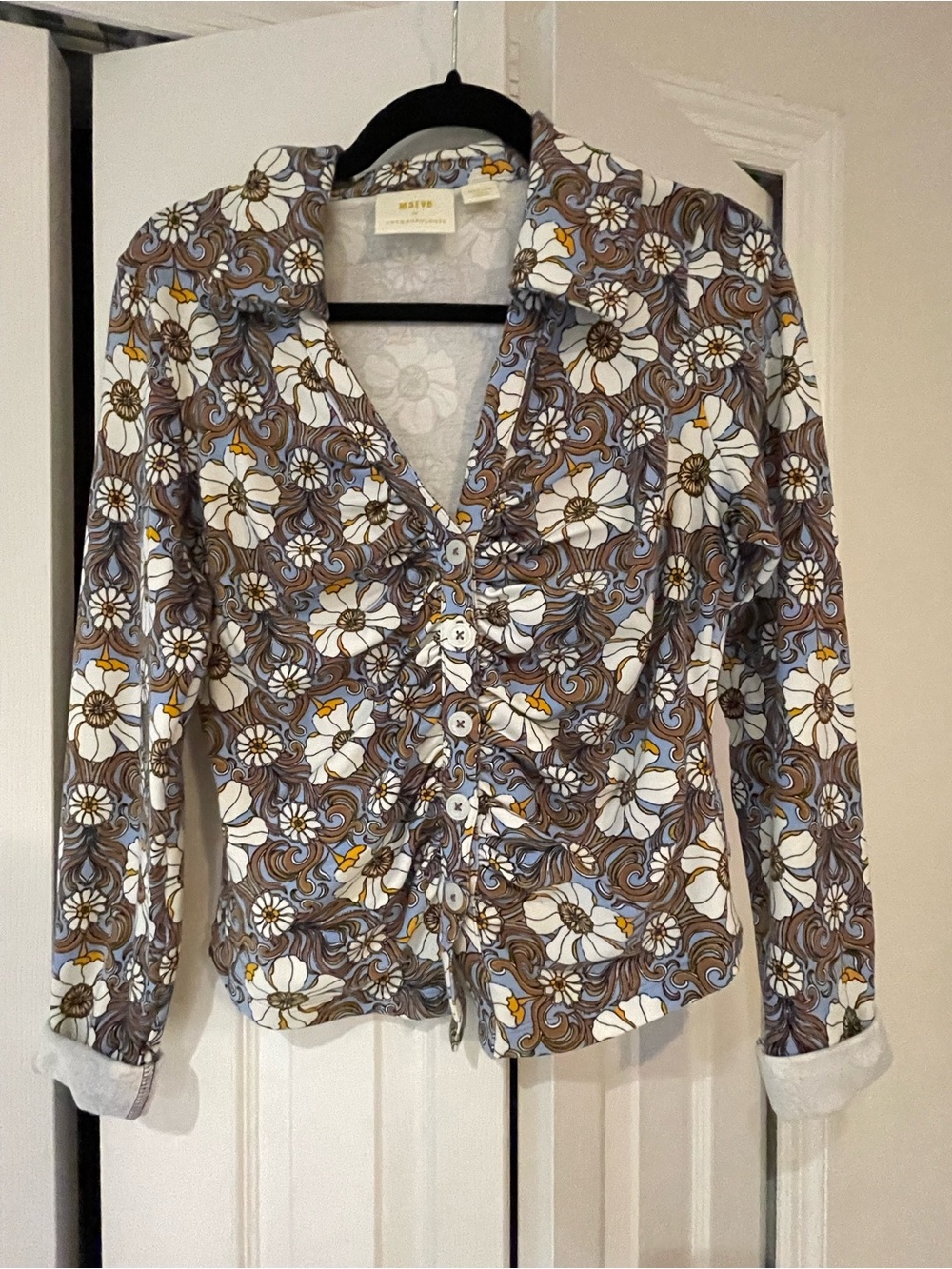 Anthropologie Brown White Floral Ruched Button-Down Shirt